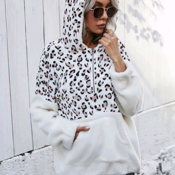 SHEIN LUNE Leopard Panel Half Zip Flannel Hoodie - Picture 5 of 7